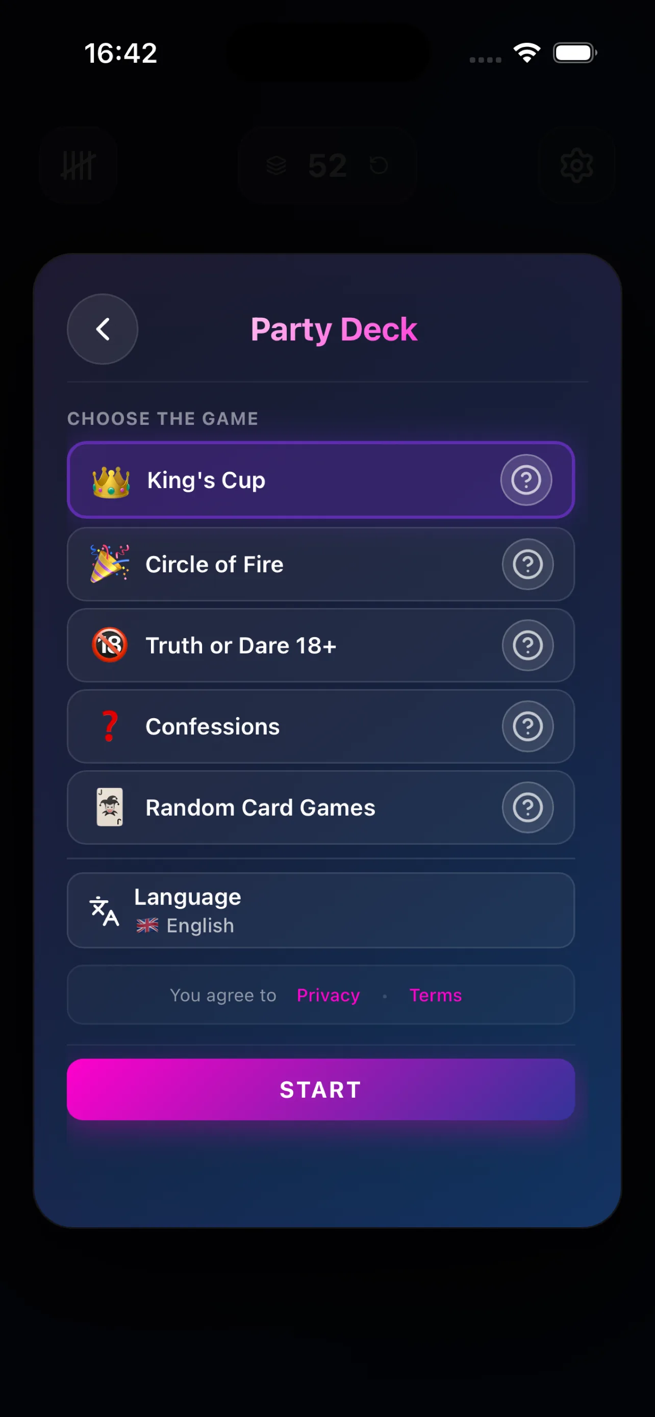 King's Cup drinking card game — card draw screen in Party Deck