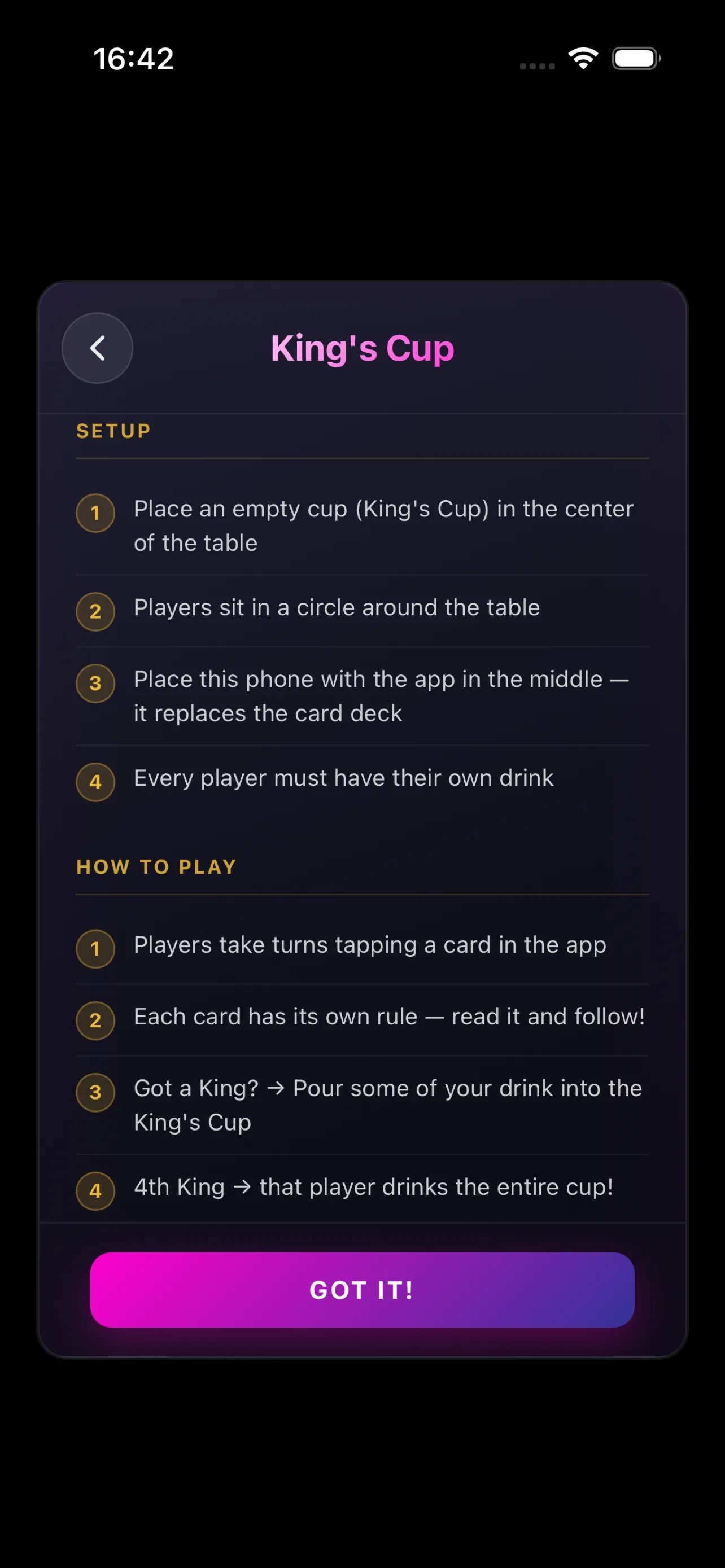 King's Cup rules displayed on a drawn card in Party Deck